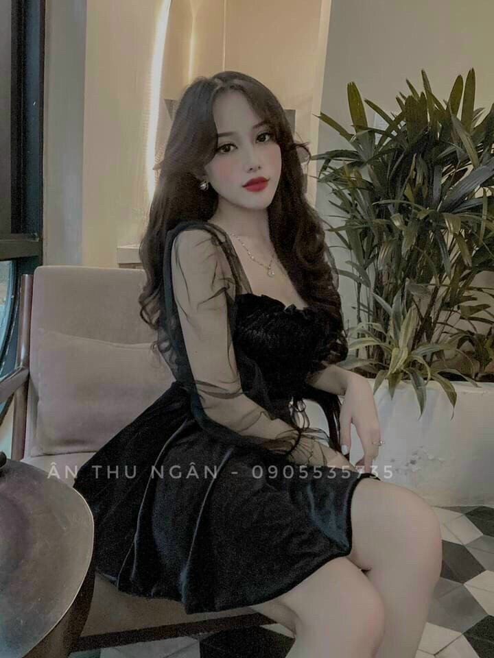 [HCM]Đầm nhung tay dài phối lưới sang chảnh