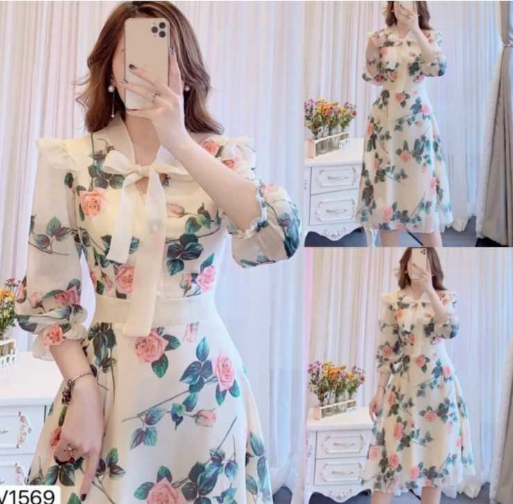 [HCM] Đầm hoa tay lỡ cổ cột nơ