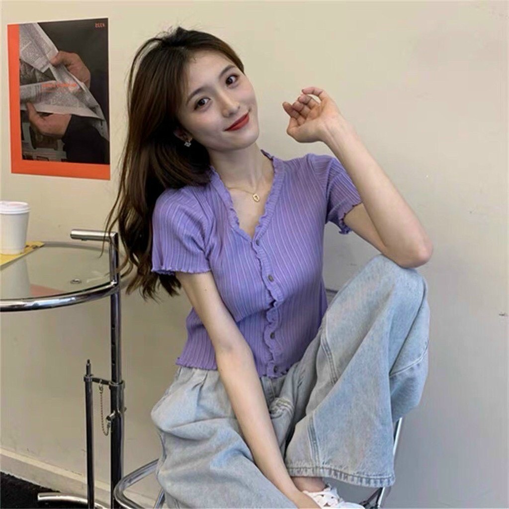 [HCM]ÁO KIỂU VIỀN BÈO NÚT BỌC CROPTOP SIÊU CUTE