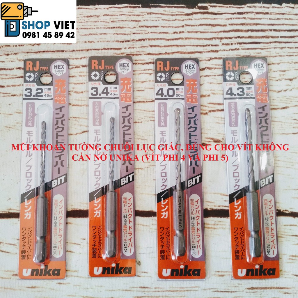 SV Mũi khoan tường Unika RJ 3.4mm - 4.0mm chuôi lục giác dùng với vít không cần nở
