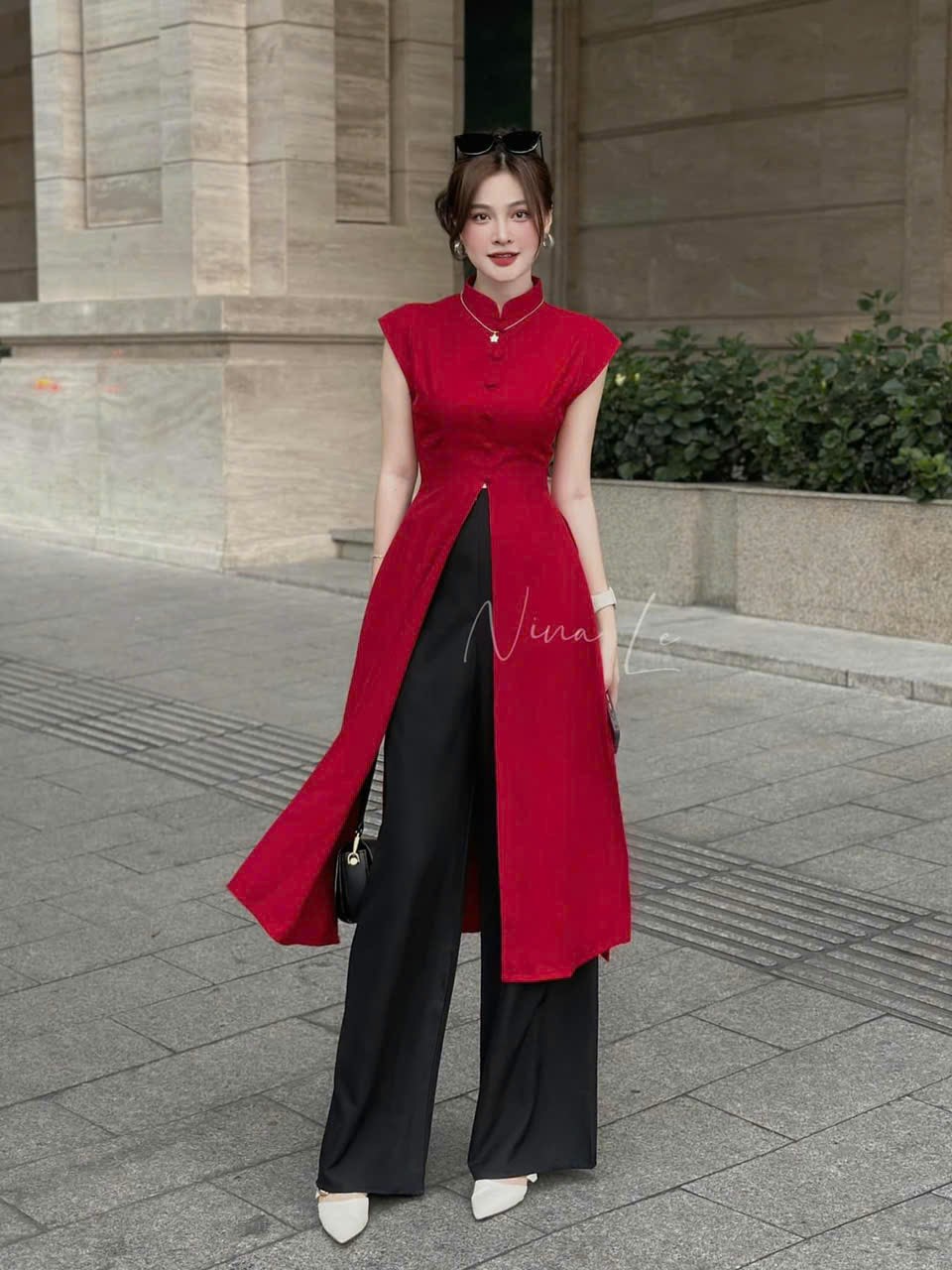 Set bộ áo dài cách tân chất tuyết nhung đính nút bọc xẻ tà phong cách DX