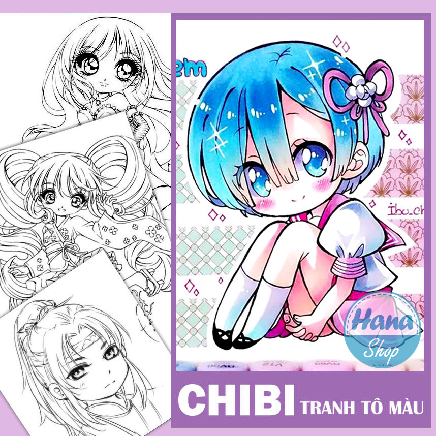 Tranh tô màu Anime CHIBI - Khổ A5 -Giấy phác thảo dày đẹp màu chì, màu nước  