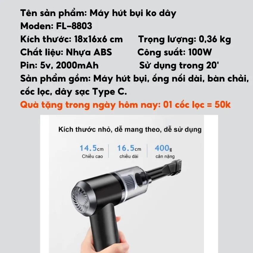 Máy hút bụi cầm tay mini không dây sạc điện, Máy hút bụi mini cầm tay lực hút siêu mạnh sử dụng hút bụi ô tô, bụi giường