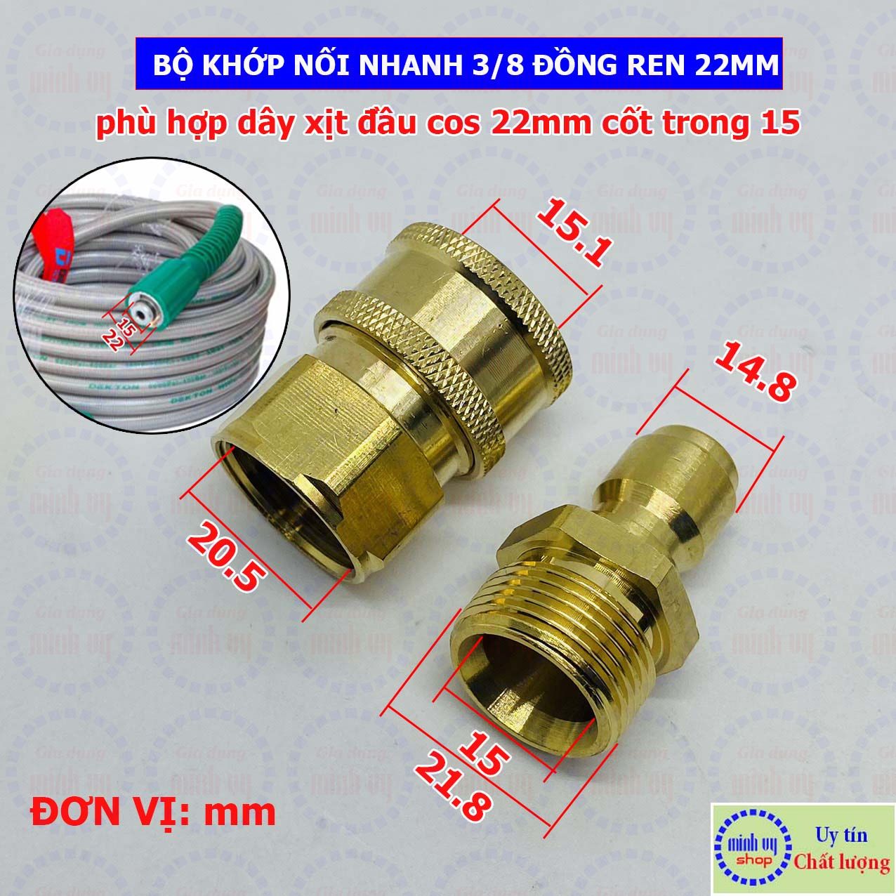 [CAO CẤP] Bộ khớp nối nhanh đầu ra dùng cho máy rửa xe công nghiệp đầu ren 22mm cốt 3/8inch - nguyên bộ đồng hoặc INOX - BKNN3/8