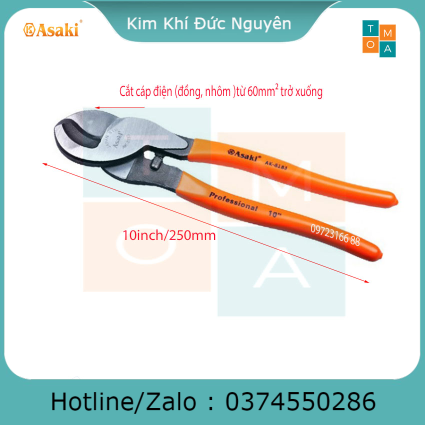 Kìm cắt cáp đầu lớn asaki ak-8183 10inch/250mm, kìm cắt cáp điện 60mm2 đầu lớn 2 lưỡi asaki