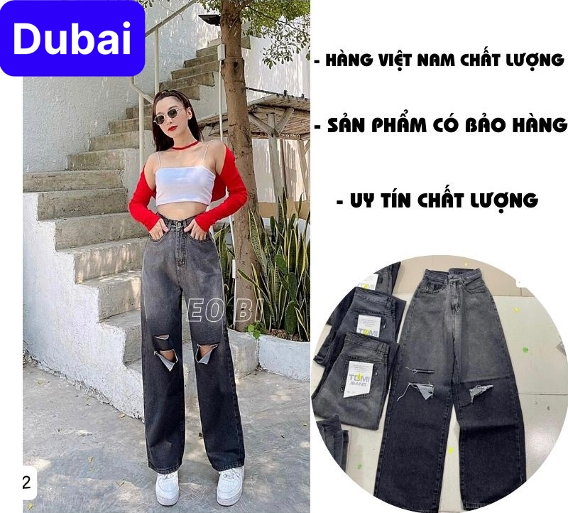 QUẦN JEANS CHẤT BÒ ỐNG SUÔNG RỘNG RÁCH LOANG 2 MÀU ĐEN CẠP CAO DÀI CHÂN SIÊU TÔN DÁNG HOT TREND - DUBAI FASHION