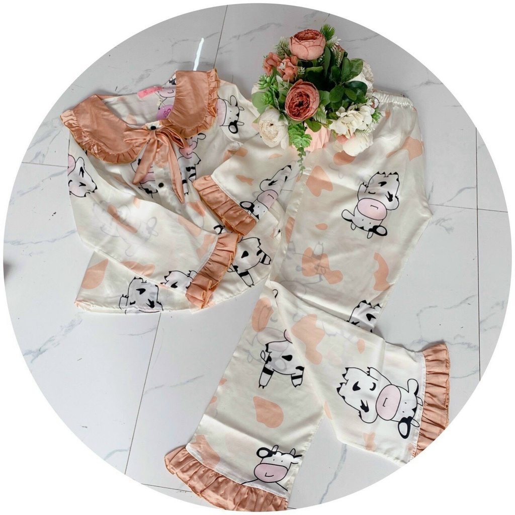 Bộ Pijama lụa mặc nhà nữ họa tiết viền bèo dài tay