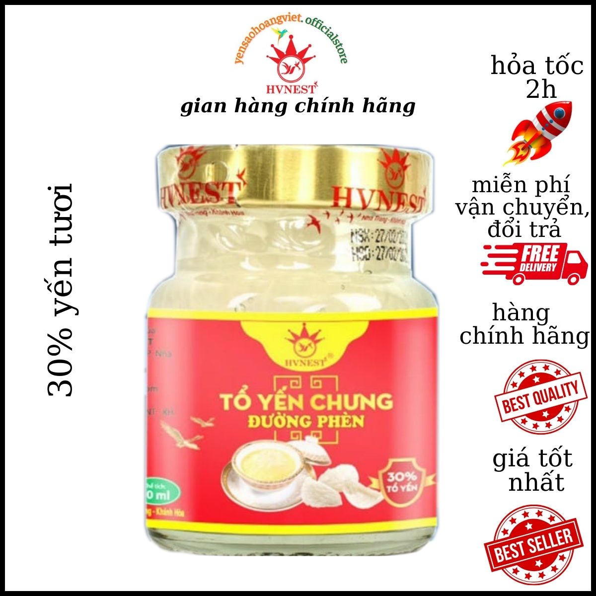 Yến sào  chưng đường phèn Hoàng Việt 30% ,nguồn gốc nước yến sào Khánh Hòa - Nha Trang, là loại yến chưng sẵn 70ml , bồi bổ sức khoẻ mọi đối tượng