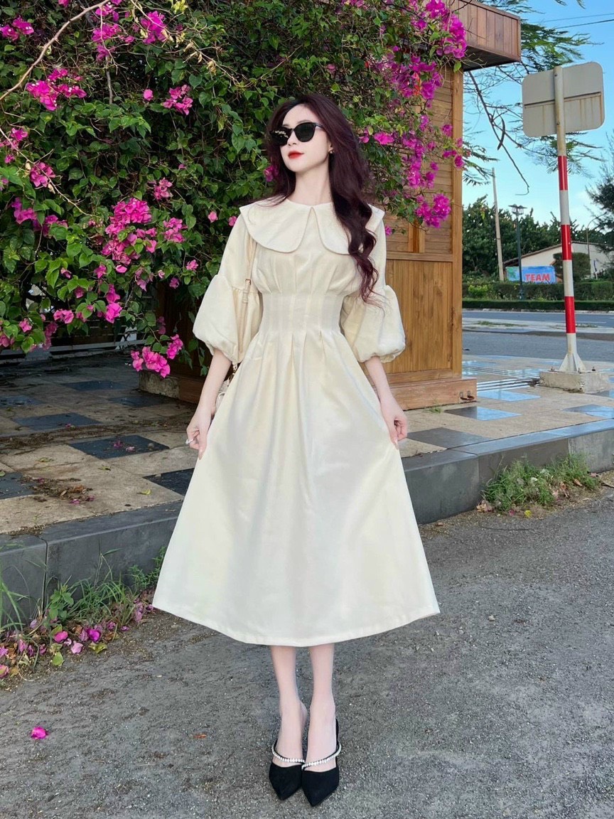 Đầm Xòe Tay Dài Xếp Ly Eo Thanh Lịch