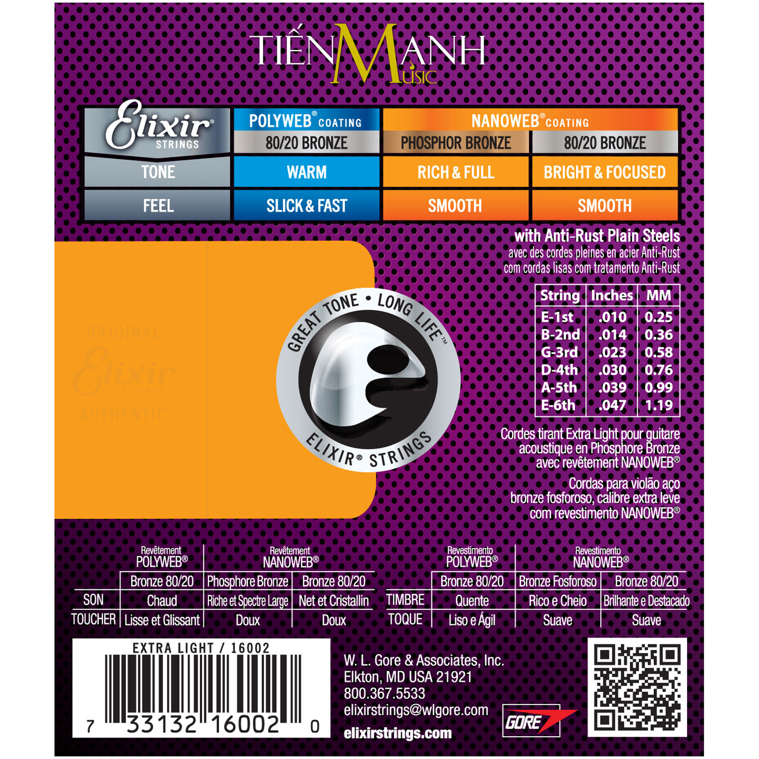 Elixir 16002 - Dây Đàn Acoustic Guitar Cỡ 10 (.010-.047) Phosphor Bronze Strings Extra Light - Hãng phân phối chính thức