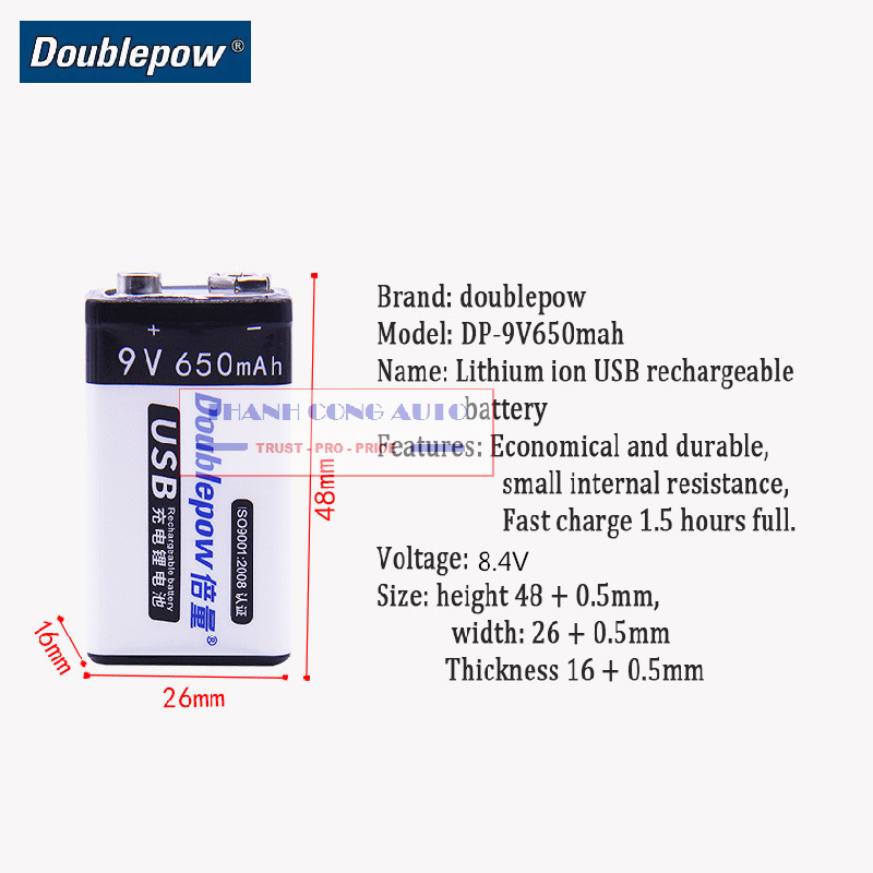 01 viên Pin Sạc Cổng Micro USB Doublepow 9V 6F22 650mAh