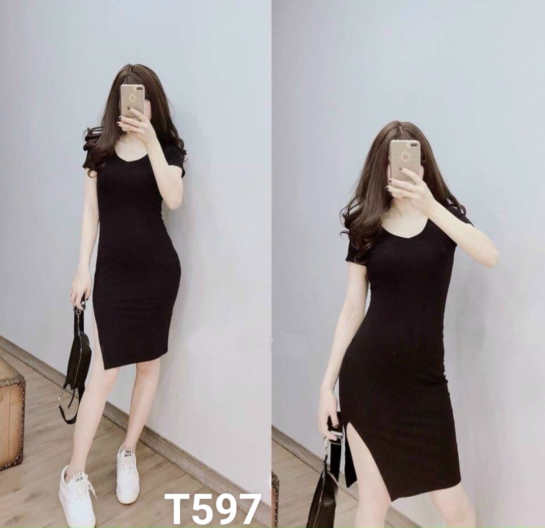 Đầm thun ôm body xẻ tà dạo phố T597