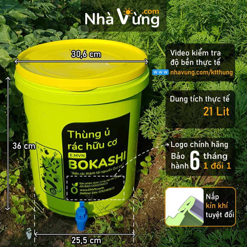 Thùng ủ rác hữu cơ Bokashi - Nhà Vừng (1 thùng 21L + 1 kg EM Bokashi)