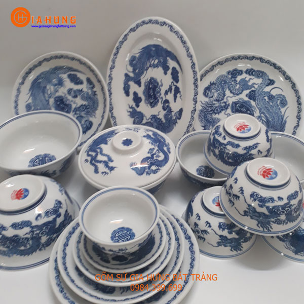 Bộ bát đĩa thờ đầy đủ men lam rồng phượng