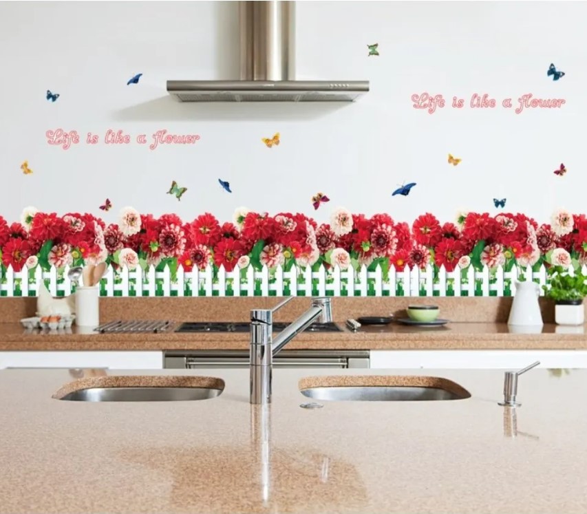 Decal dán chân tường HÀNG RÀO HOA CÚC ĐỎ Sticker Tranh Dán Tường -Decal dán tường cây xanh ,Decal dán tường hoa lá