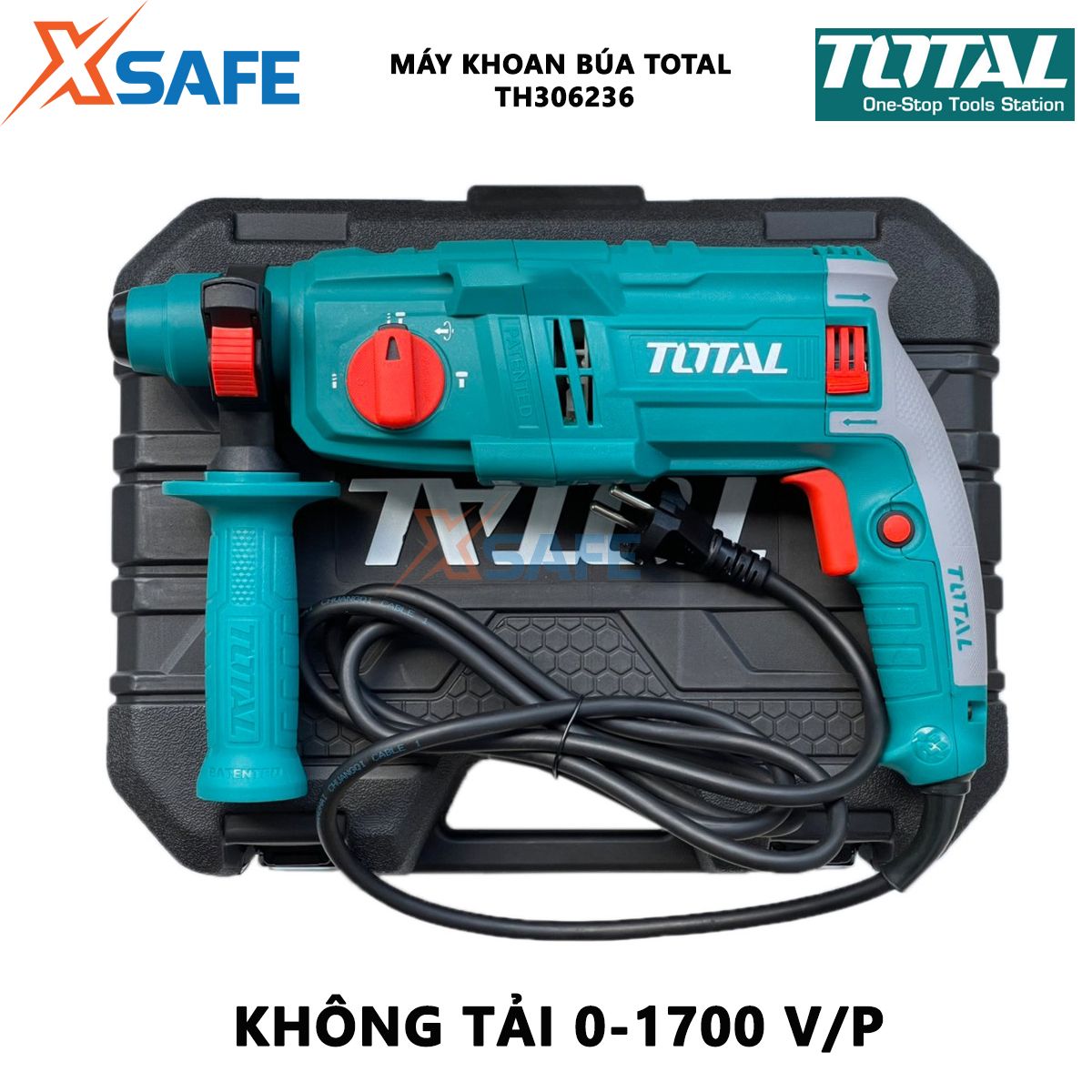 Máy khoan búa cầm tay 3 chức năng 650w TOTAL TH306236 đầu gài sds plus, tốc độ 1700v/p, tốc độ búa 5500bpm. Lực búa 1.7j, khả năng khoan bê tông 22mm, thép 10mm, gỗ 25mm, kèm 3 mũi khoan Máy khoan đục bê tông