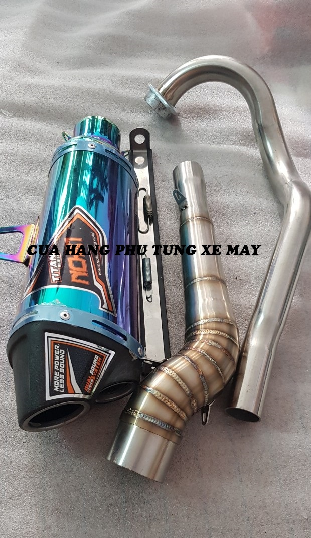 Pô Nobi 2 nòng titan gắn xe Ex135, Ex150, Winner 150, Winner X V2 V3, Sonic, Raider Fi, Satria (kèm cổ 2 khúc inox 304 xịn + pát treo + lò xo)