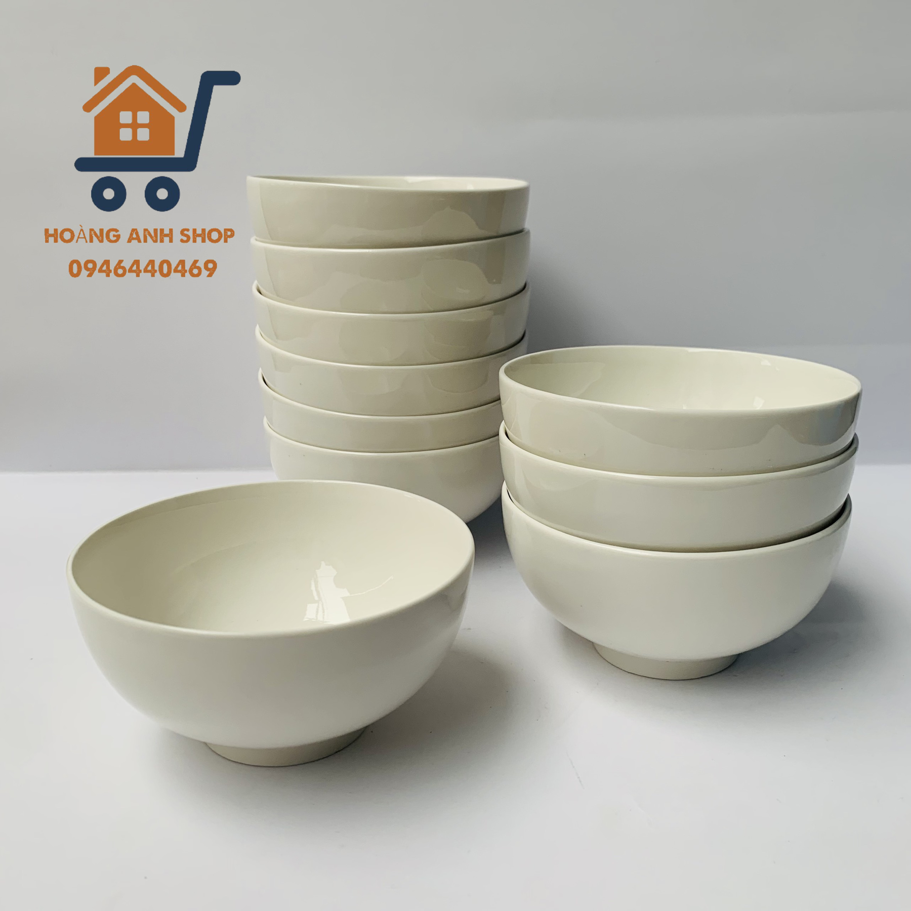 Bộ 10 Chén Sứ (Bát Sứ) Trắng Trơn - Tráng Men Cao Cấp - Chén Sứ, Chén Cơm, Bát Ăn Cơm