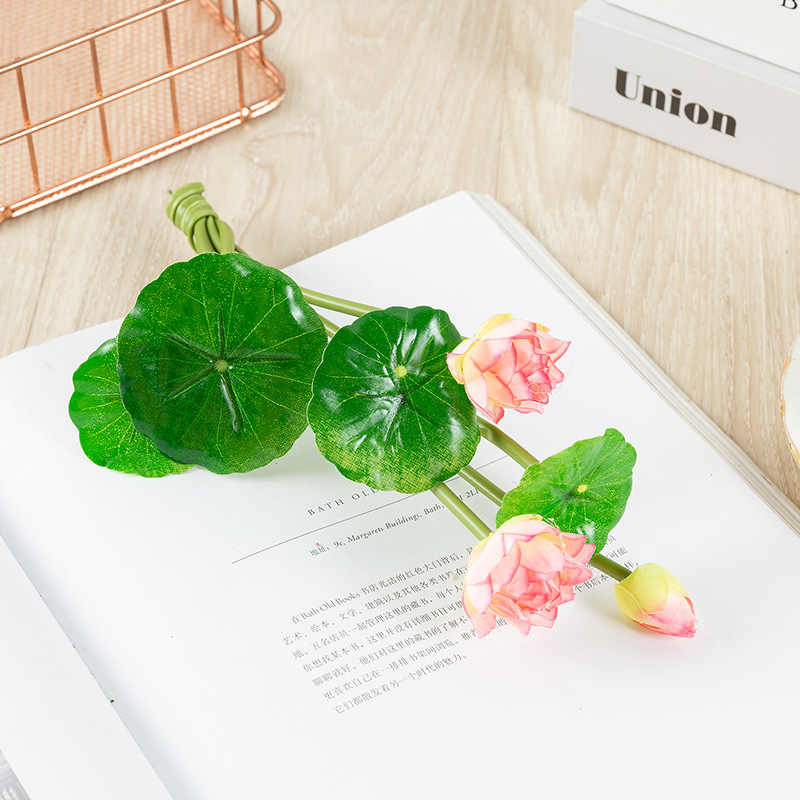 Cành hoa sen mini VI014 ( 2 bông 1 nụ 4 lá, cao 25cm), hoa giả trang trí