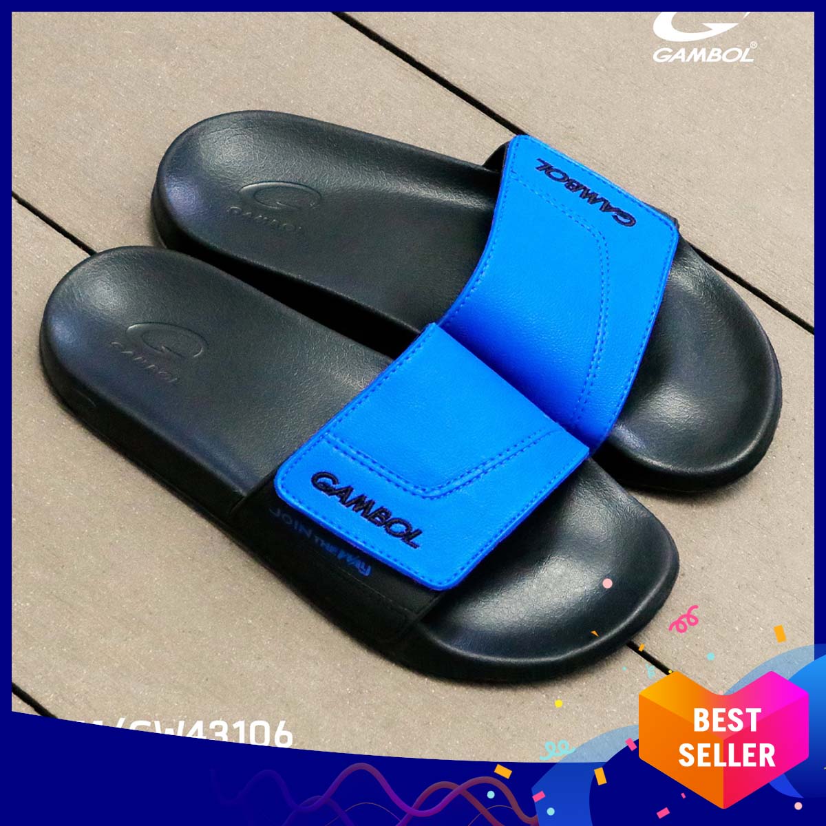 Sandals straps horizontal male female Thailand gambol 43106 genuine-soled black straps Blue