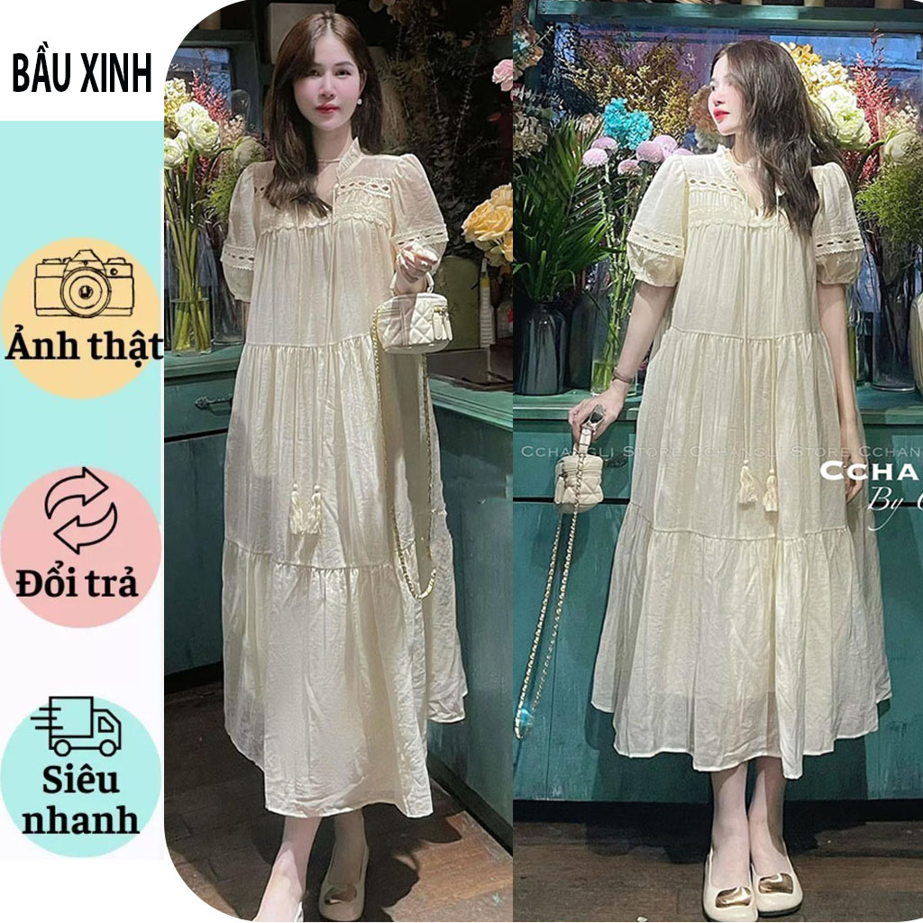 Váy đầm bầu bầu công sở dự tiệc cưới-đầm bầu babydoll dáng tiểu thư xinh xắn fresize mặc bầu-sau sinh