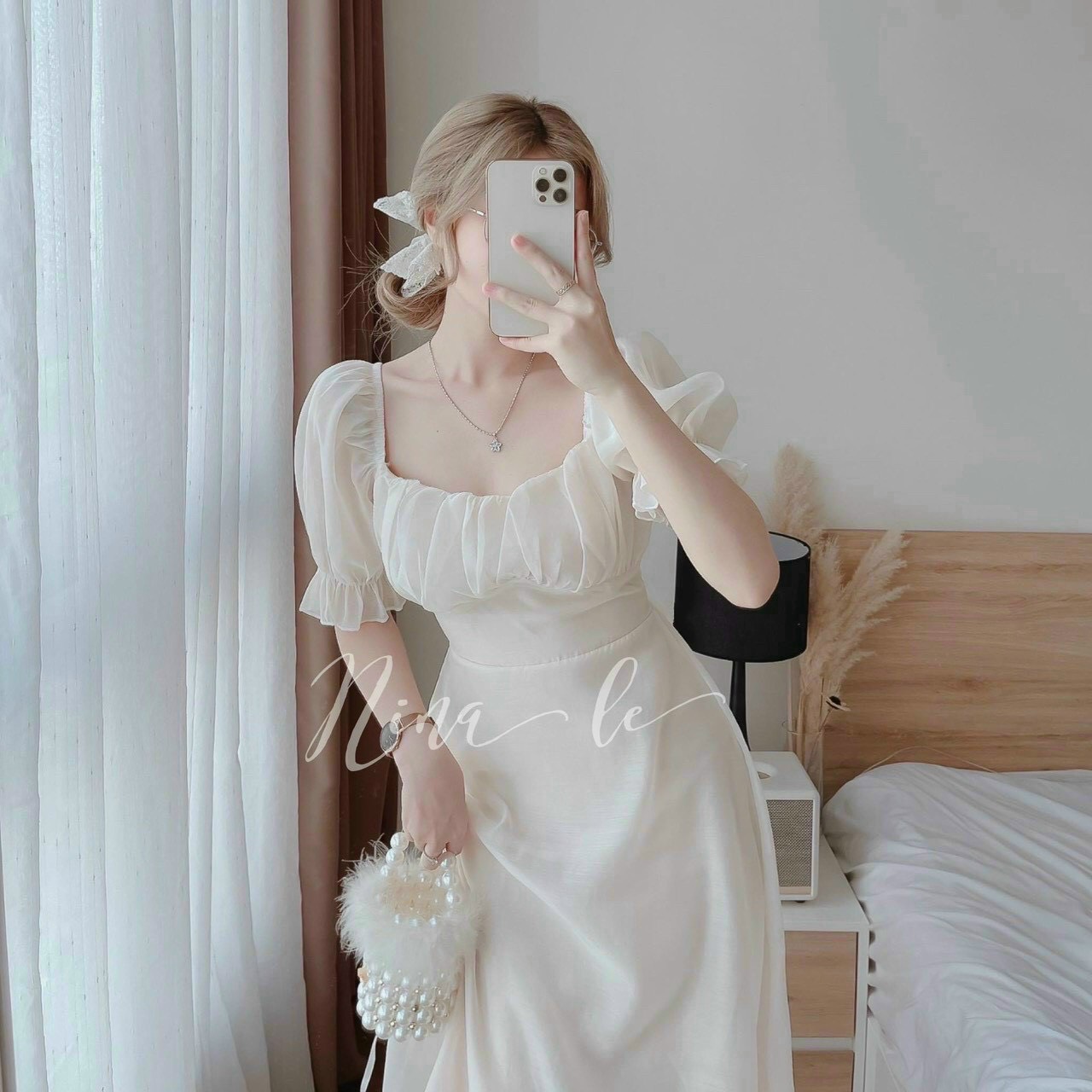 ĐẦM XÒE TRẮNG XẾP LY NGỰC CỘT NƠ EO DD040