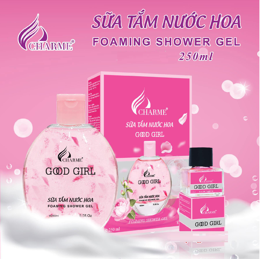Sữa tắm hương nước hoa Good girl , sữa tắm charme hương nước hoa Good girl , sữa tắm nữ, sữa tắm, sữa tắm nước hoa chame , sữa tắm Good girl 250ml, chai 250ml mùi cực thơm quyến rũ