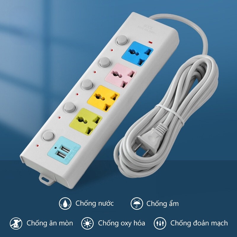 Ổ Cắm Điện Đa Năng 6 Cổng Tích Hợp Sạc USB 2 Cáp USB 3 Và 5M Dây Cáp Dày Chất Lượng Cao 100% Chính Hãng 2023 New