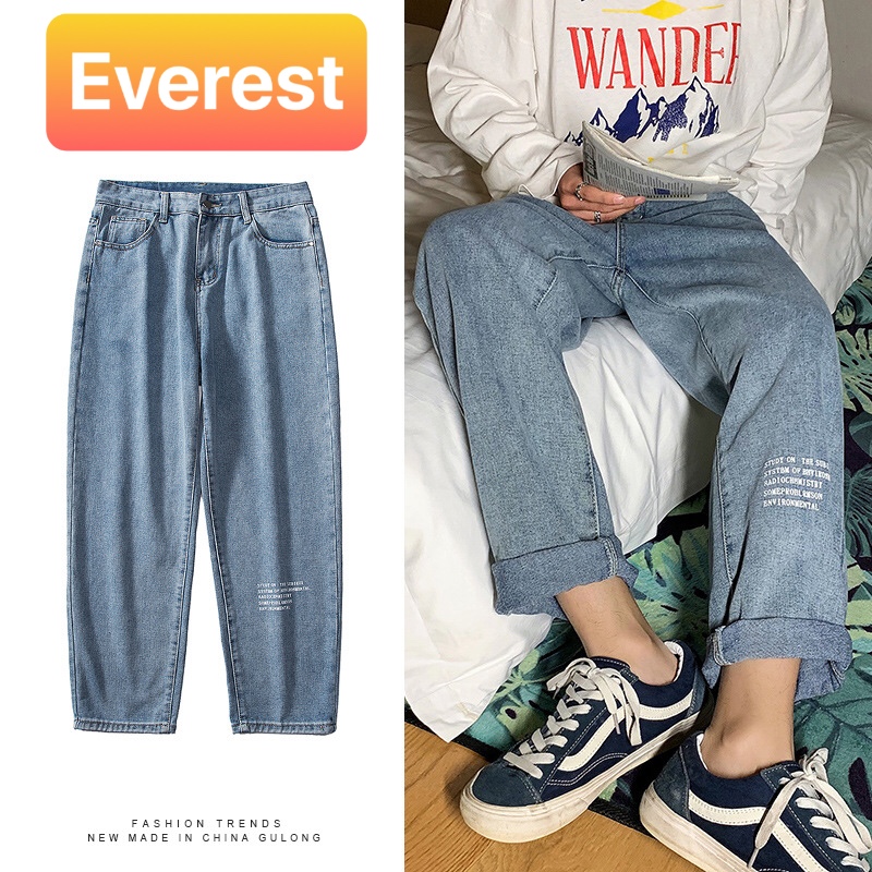 QUẦN BAGGY JEAN NAM CHẤT BÒ ỐNG RỘNG XANH THÊU THOÁNG MÁT, CO GIÃN NHẸ CAO CẤP EV-33 EVEREST FASHION