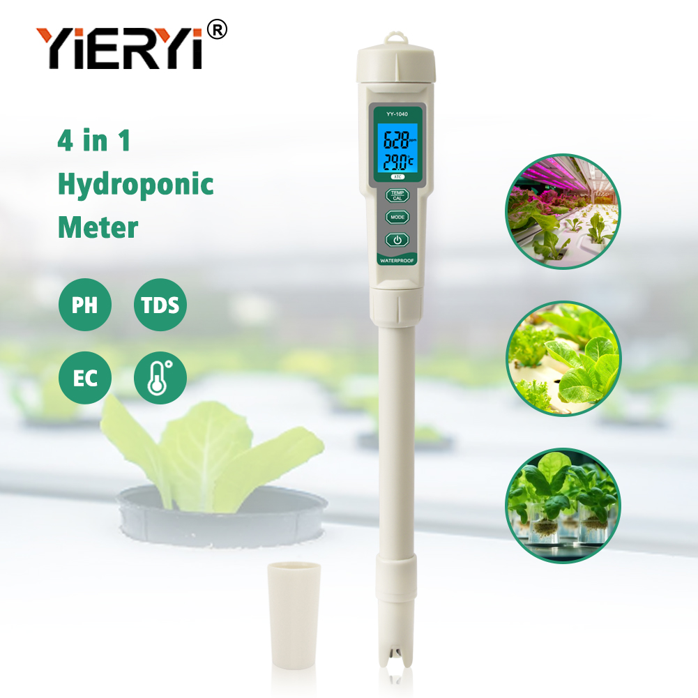 yieryi ph Meter Hydroponic Tester 4 in 1 PH/TDS/EC/Temperature Meter Water Quality Teste Waterproof EC TDS Meter for Vegetable Farming,Drinking Water