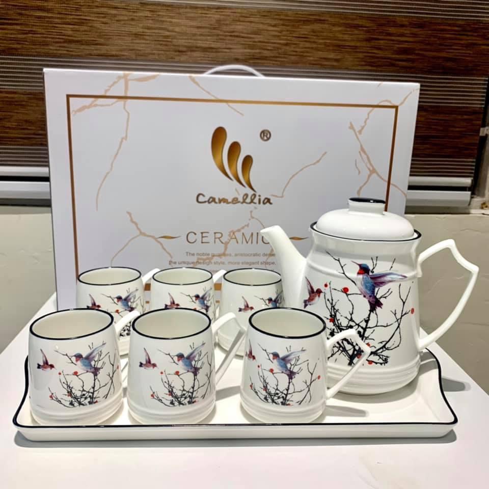 Bộ bình 6 cốc kèm khay sứ xương hàng cao cấp ( nhiều họa tiết )