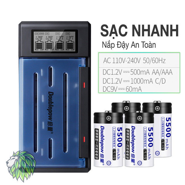 Bộ Sạc Pin Đa Năng 2A/ 3A/ Pin Đại / Pin 9V - Pin Đại D 5500mAh Doublepow Pin Sạc Cho Bếp Ga Đèn Pin Thiết Bị Công Nghiệp