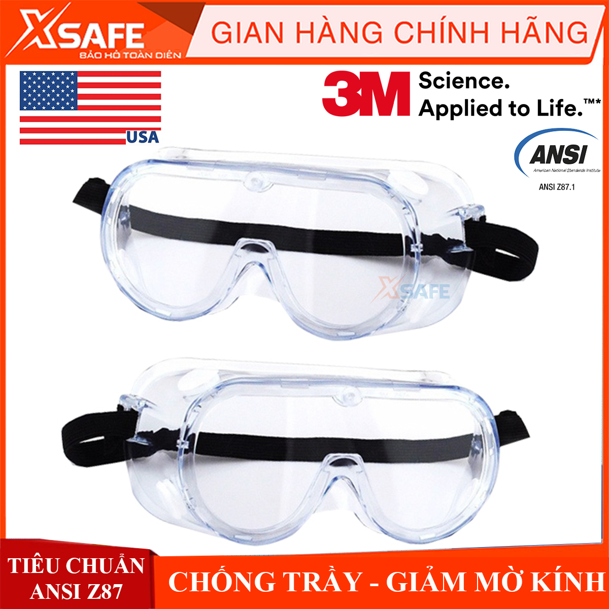Kính bảo hộ chống hóa chất 3M 1621AF Kính chống bụi, văng bắn, phòng dịch không đọng sương dùng cho phun xịt, sản xuất, y tế... 3M