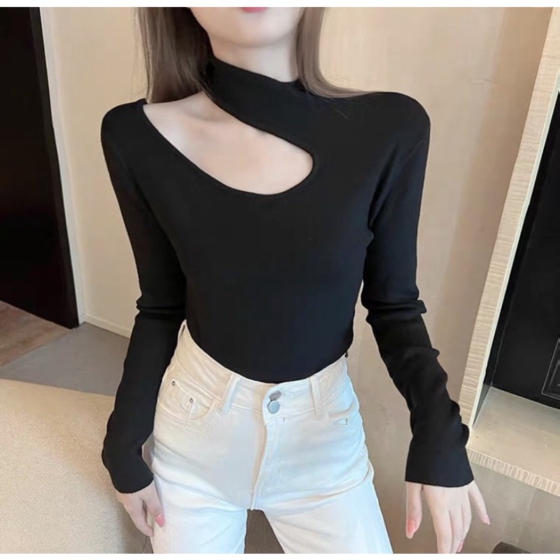 Áo thun kiểu croptop tay dài phối đeo cổ cho nũ