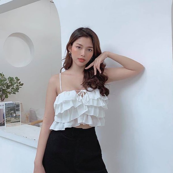 [Ảnh thật] Áo croptop 2 dây voan bèo tầng