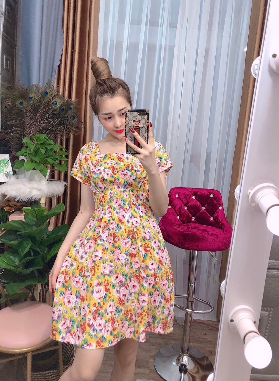 Đầm xòe lụa hoa hồng sang trọng , có size 40-65kg - mt17