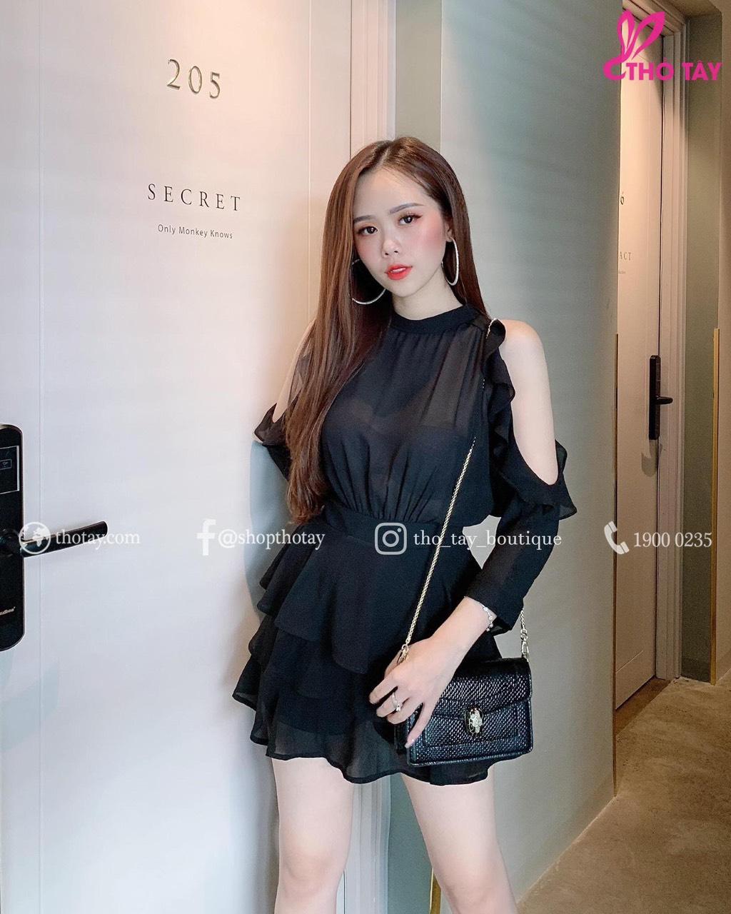 Đầm tầng hở vai lụa chéo-QH