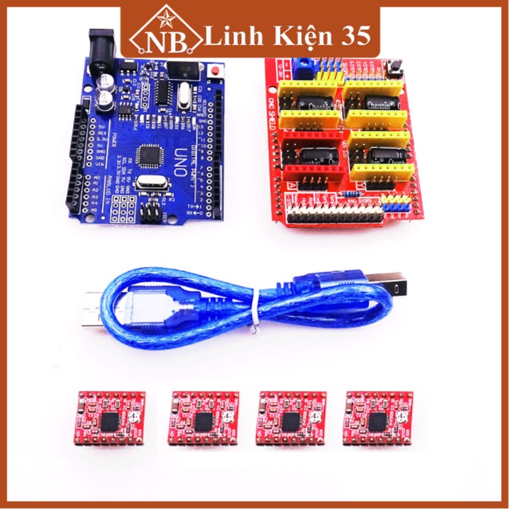 Combo Arduino Uno R3 dán + Shield Uno R3 + 4 Module A4988 V1