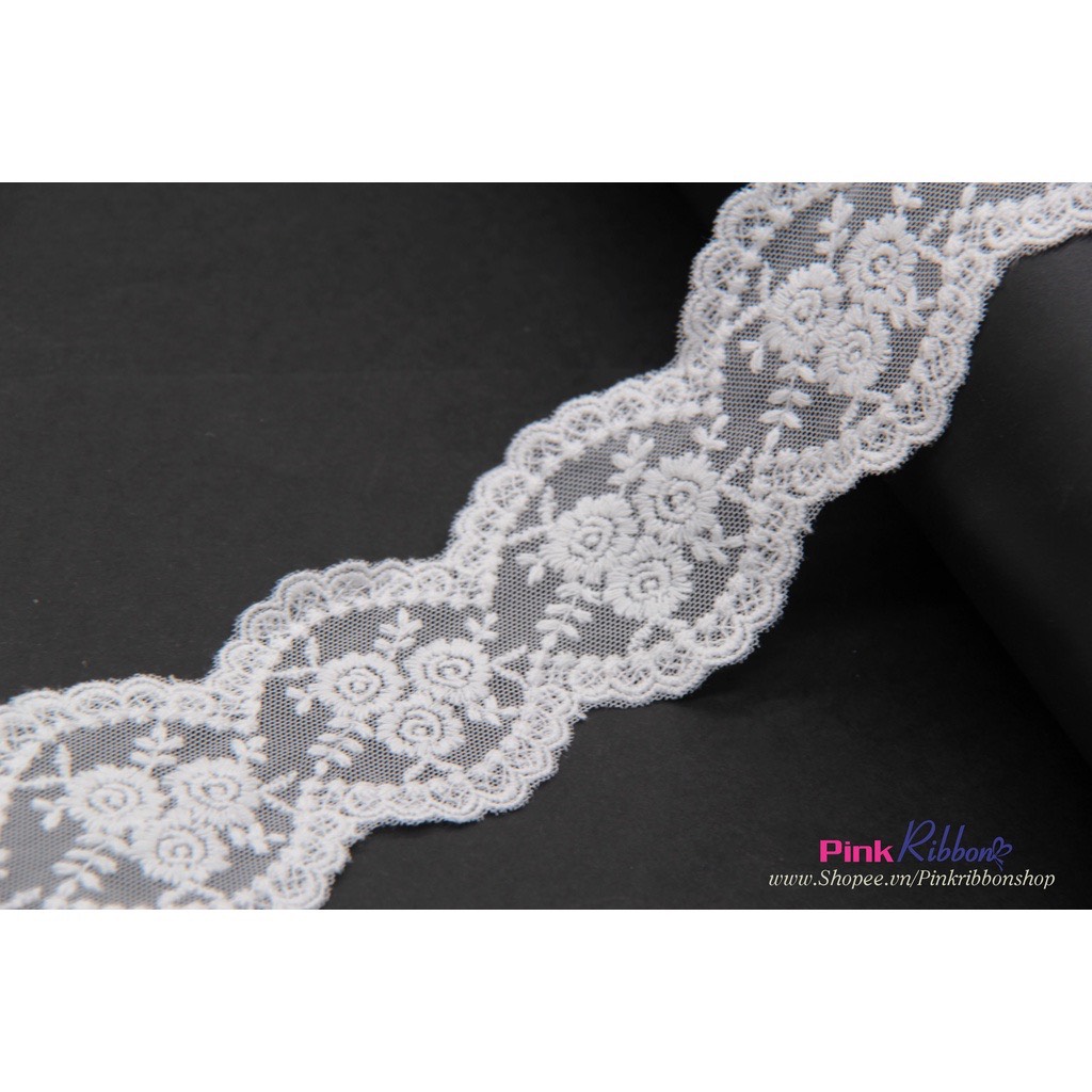 Ren trắng thêu hoa dày, bề rộng 6.5cm