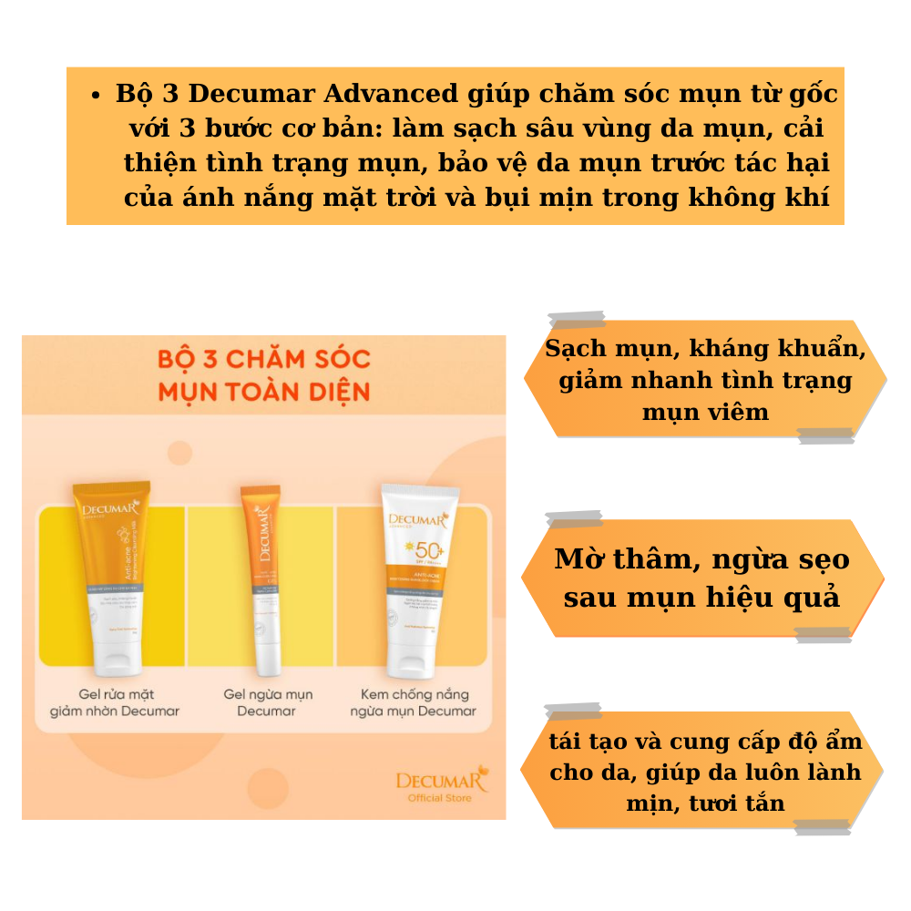 [HCM]COMBO BỘ 3 CHO DA MỤN DECUMAR ADVANCED gồm 01 gel ngừa mụn 01 gel rửa mặt 50gr và 01 gel kem chống nắng giành cho da mụn hoàn toàn mới