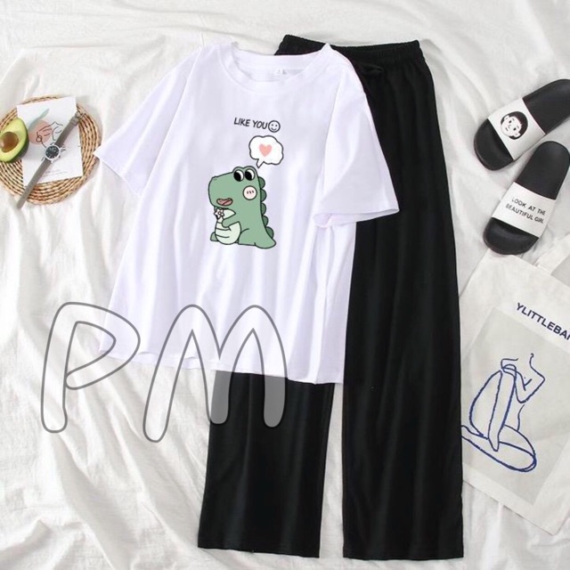 [Siêu Chất 49] Sét Bộ Đồ Quần Áo Thời Trang Nữ Xinh Cute Mặc Đi Chơi Dạo Phố, Chất Liệu Áo Cotton Xanh Organic Ngắn Tay Cổ Tròn In Hoạt Hình YOYO Kèm Quần Ống Rộng Thun Cát Co Giãn Nhẹ Phong Cách