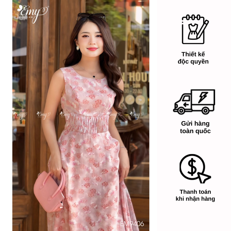 Đầm EMY EM9406 Maxi Hồng Sát Nách Ply Eo