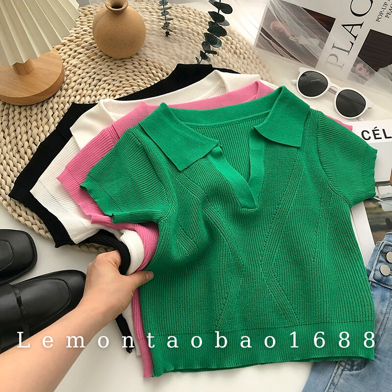 Áo Len Cộc Tay Cổ Chữ V Co Dãn Cho Nữ