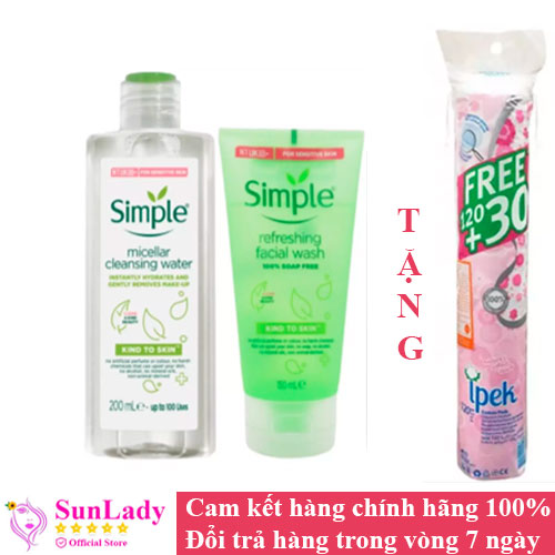 Combo skincare Da Sạch Sâu SIMPLE Nước Tẩy Trang Micellar Water 200ml + Sữa Rửa Mặt Refreshing 150ml  + Bông tẩy trang Ipek 150 miếng
