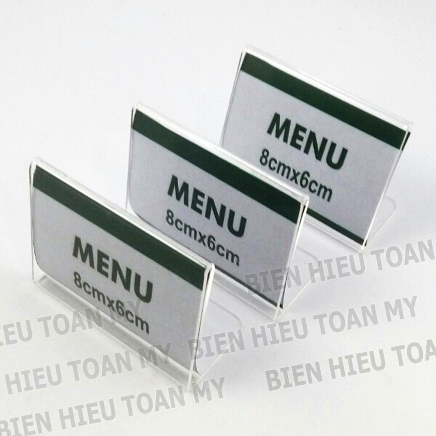 Menu mica chữ L size 8cm x 6cm