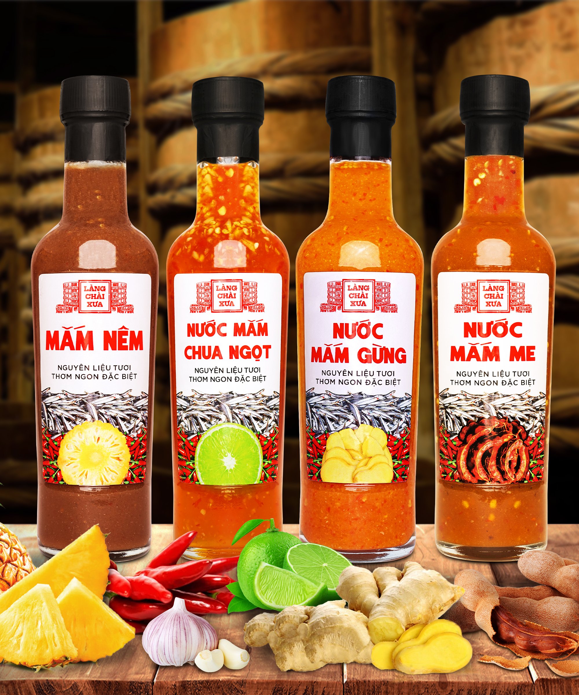 Nước mắm chua ngọt cao cấp Làng Chài Xưa, nguyên liệu tươi, thơm ngon đặc biệt, pha sẵn từ chanh tỏi ớt vị đậm đà chai thủy tinh 300g