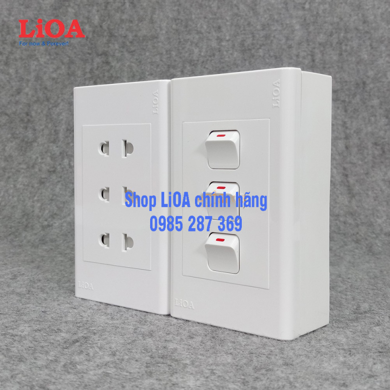 Combo ổ cắm điện ba 2 chấu 16A (3520W) + 3 công tắc điện LiOA - Lắp nổi giá rẻ