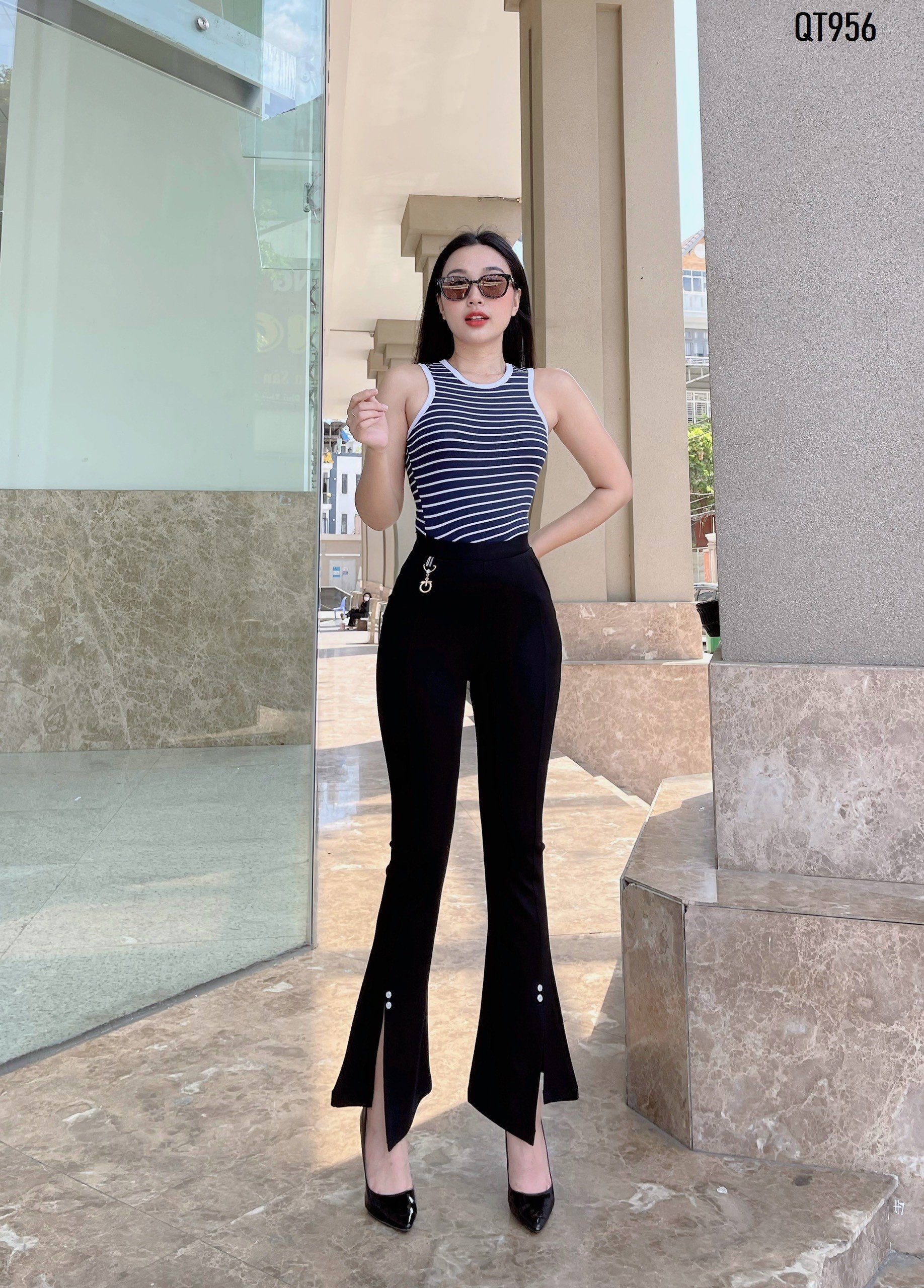 Quần thun nữ loe xẻ gấu tôn dáng QT956