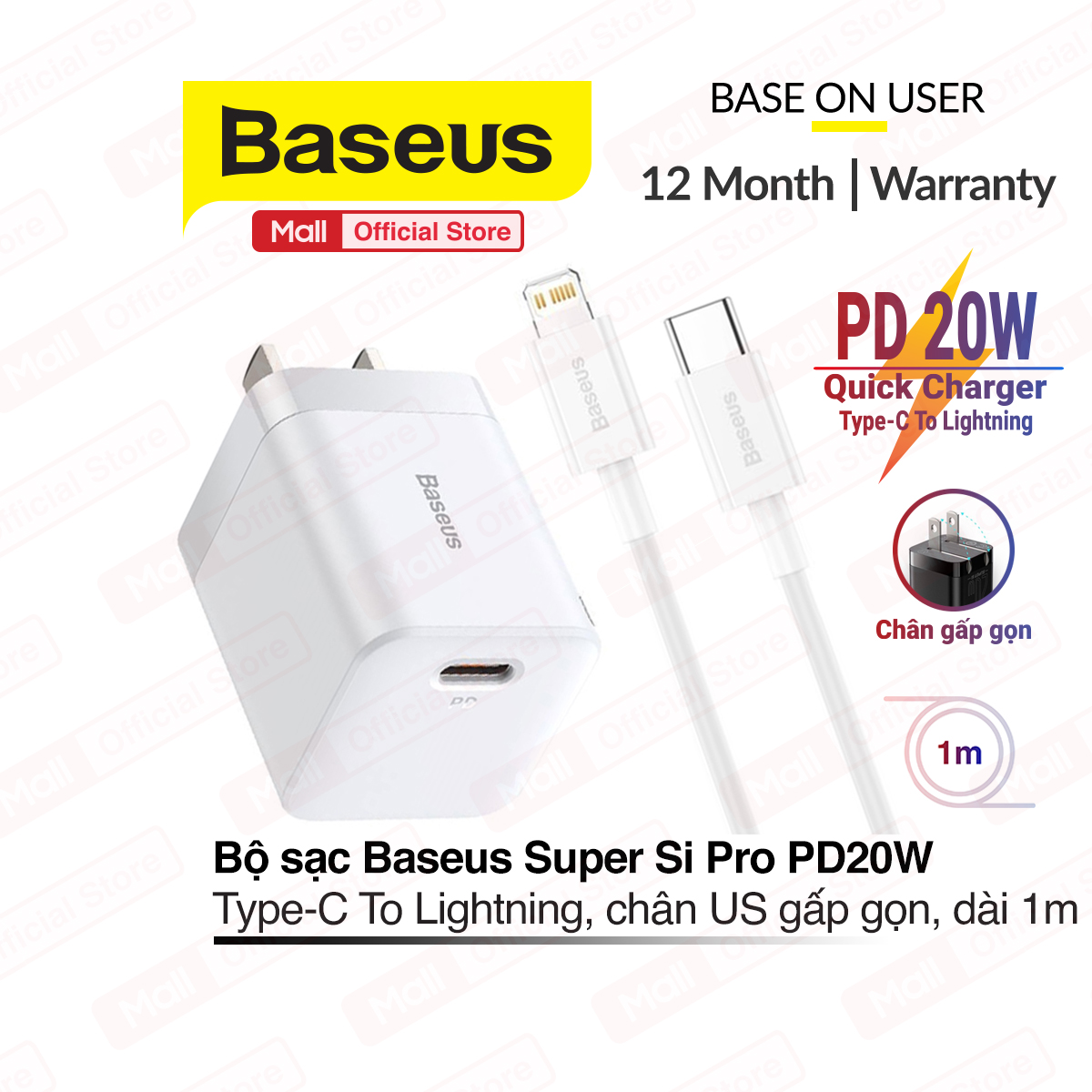 Bộ sạc nhanh PD 20W Baseus Si Pro Type-C to Lightning, Quick Charger, kích thước mini, chân cắm gấp gọn, dây dài 1m
