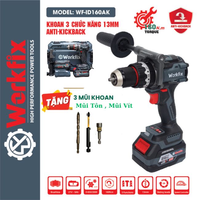 Máy Khoan Pin Workfix WF-ID160AK Đầu Kẹp 13mm - Bật tắt ANTI-KICKBACK, 3 Chức Năng Khoan - Búa - Vít TỔNG KHO S&L VDVA